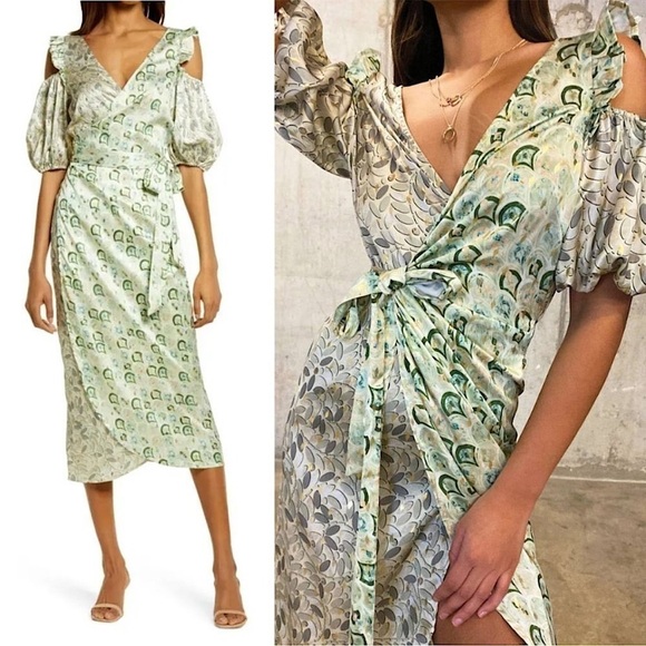 NEVER FULLY DRESSED Satin Puffed Sleeve Cold Shoulder Ruffled Wrap Midi Dress 2 - Picture 10 of 13